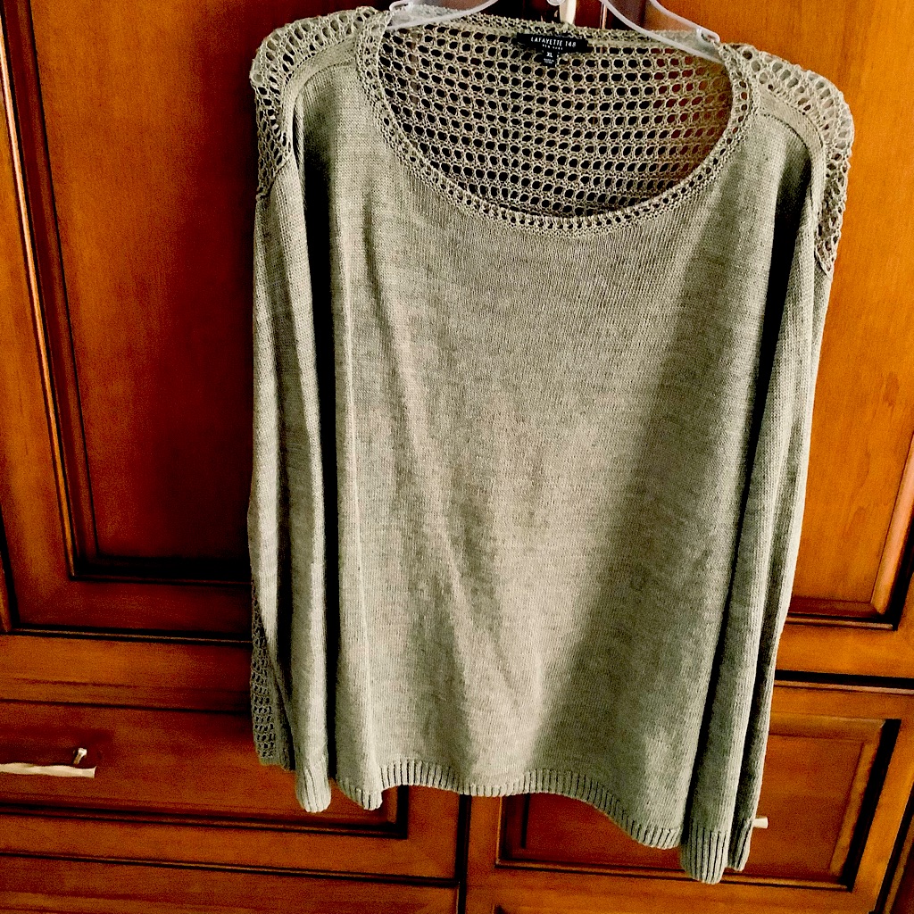 Lafayette 148 New York Olive Green Open Knit Back Hemp Long Sleeve Sweater Xl